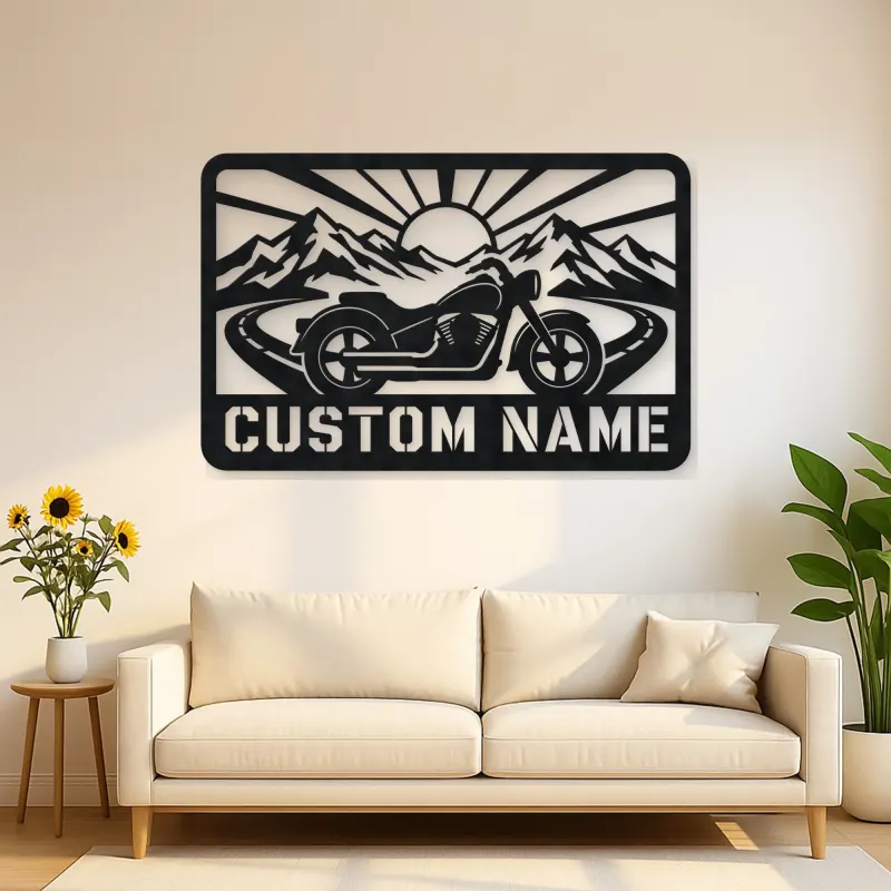 Personalized Cruiser Motorcycle Metal Wall Art with Mountain Road