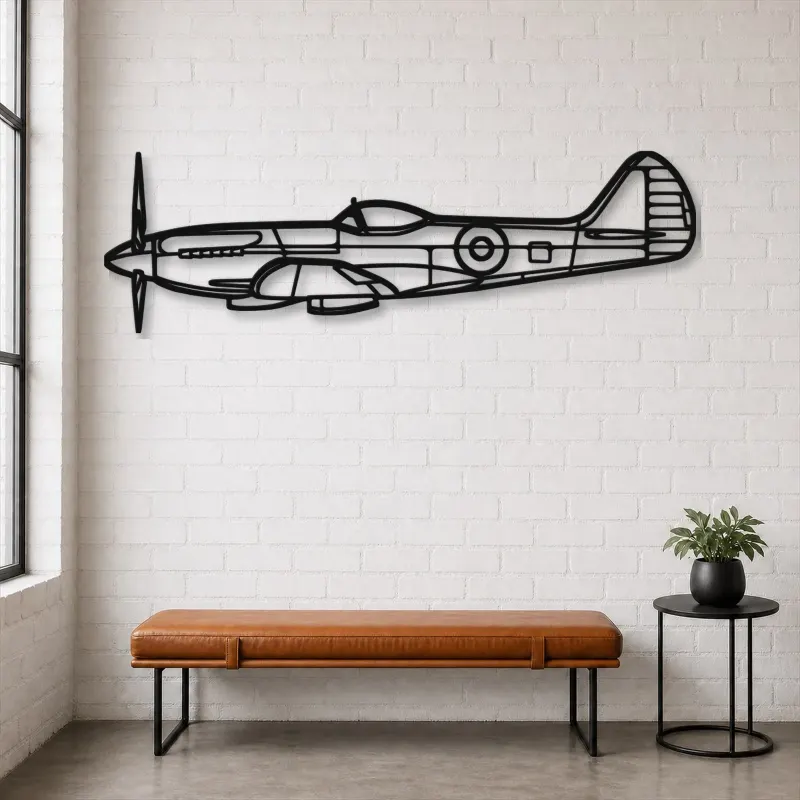 Silhouette in Metallo dell'Aereo Spitfire MK XIV, Insegna in Metallo, Decorazione da Parete Aeronautica, Decorazione per Aviatori