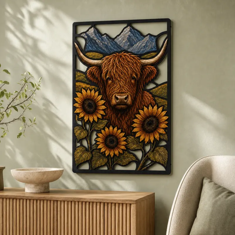 Highland Cow with Sunflowers and Mountain Landscape Colorful Metal Wall Art