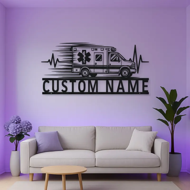Personalized Side View Ambulance Heartbeat Metal Wall Art