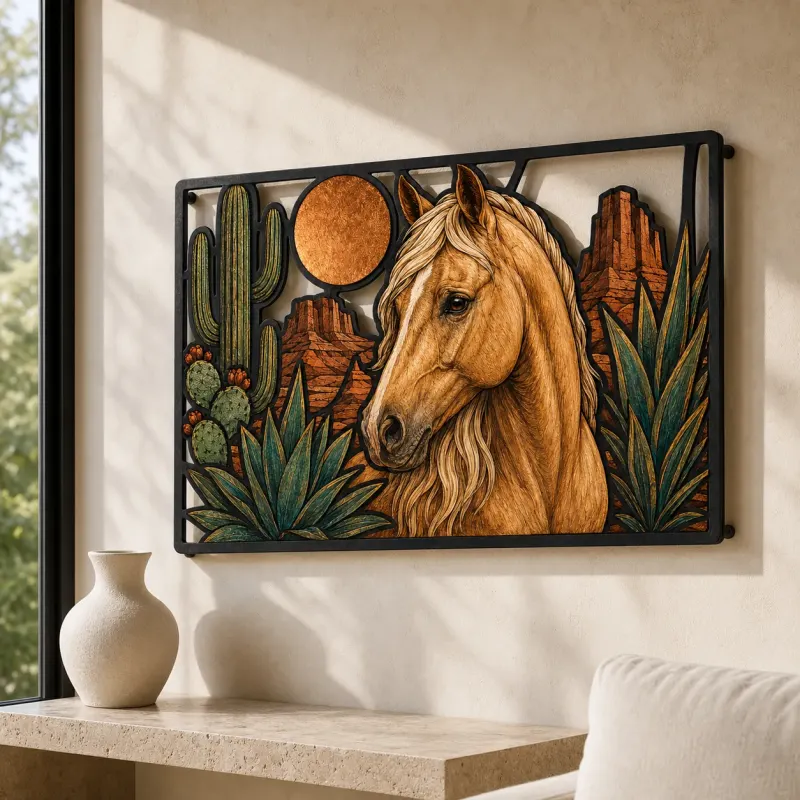 Palomino Horse with Cactus and Desert Moon Colorful Metal Wall Art