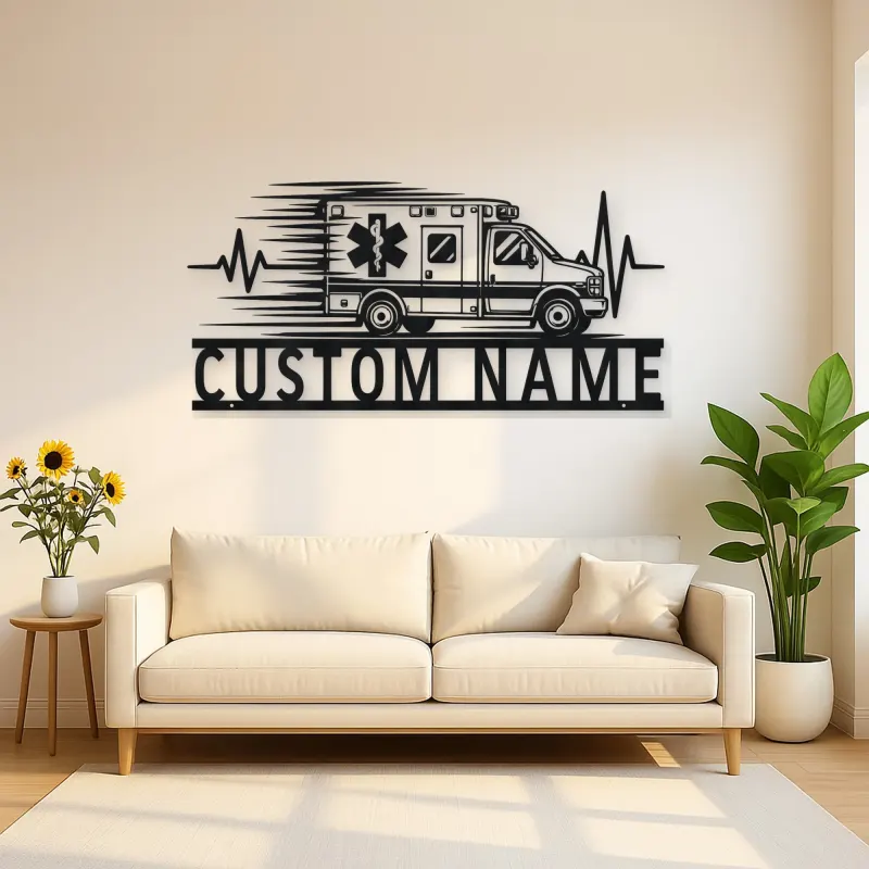Personalized Side View Ambulance Heartbeat Metal Wall Art