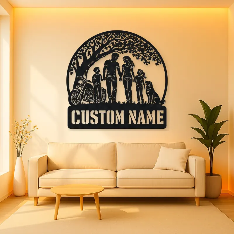 Personalized Family of Four Dog and Motorcycle Metal Wall Art