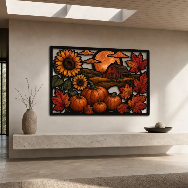 Autumn Pumpkins with Sunflowers by Red Barn Colorful Metal Wall Art