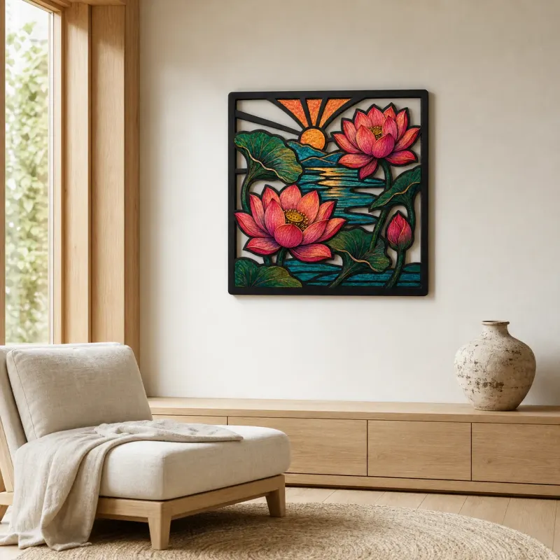 Pink Lotus Pond beneath Radiant Sunrise Colorful Metal Wall Art