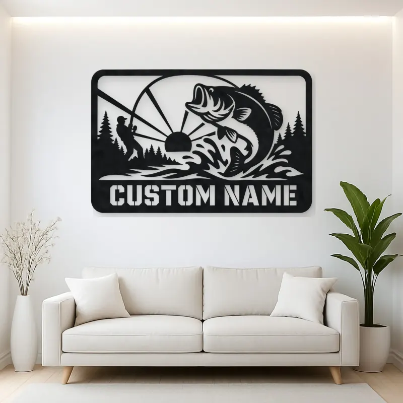 Personalized Bass Fishing Metal Wall Art with Fisherman