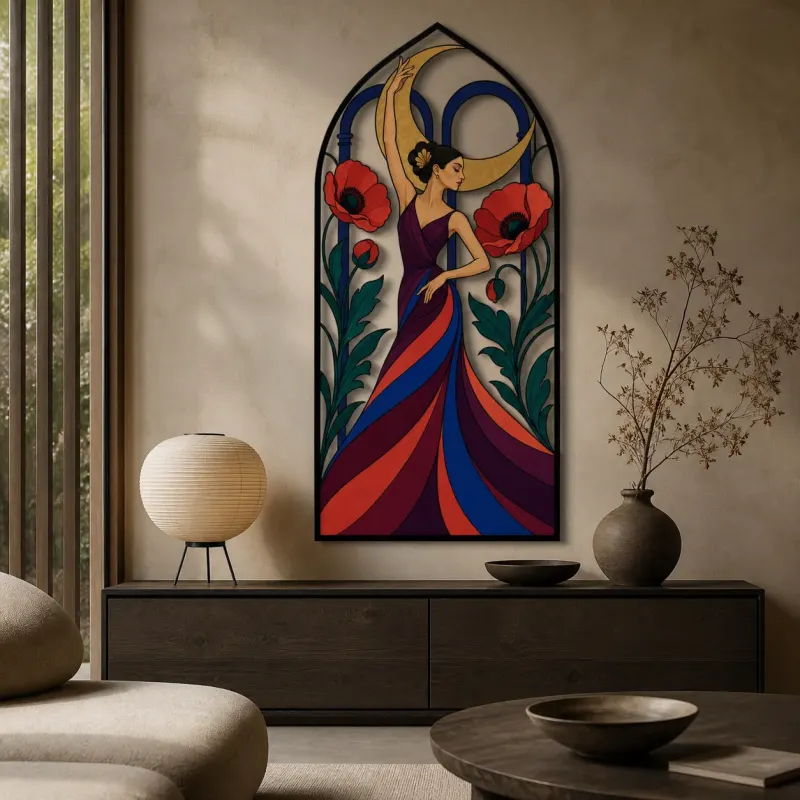 Flamenco Woman with Poppies and Crescent Moon Colorful Metal Wall Art