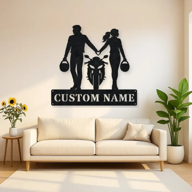 Personalized Helmet Holding Motorcycle Couple Metal Wall Art