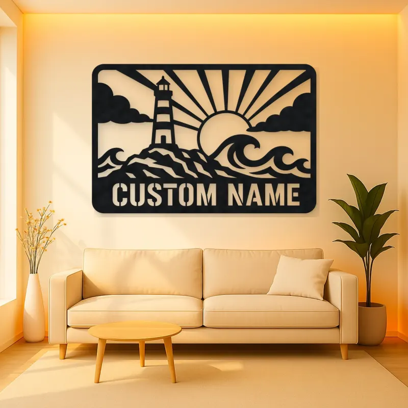 Personalized Lighthouse Metal Wall Art with Ocean Waves