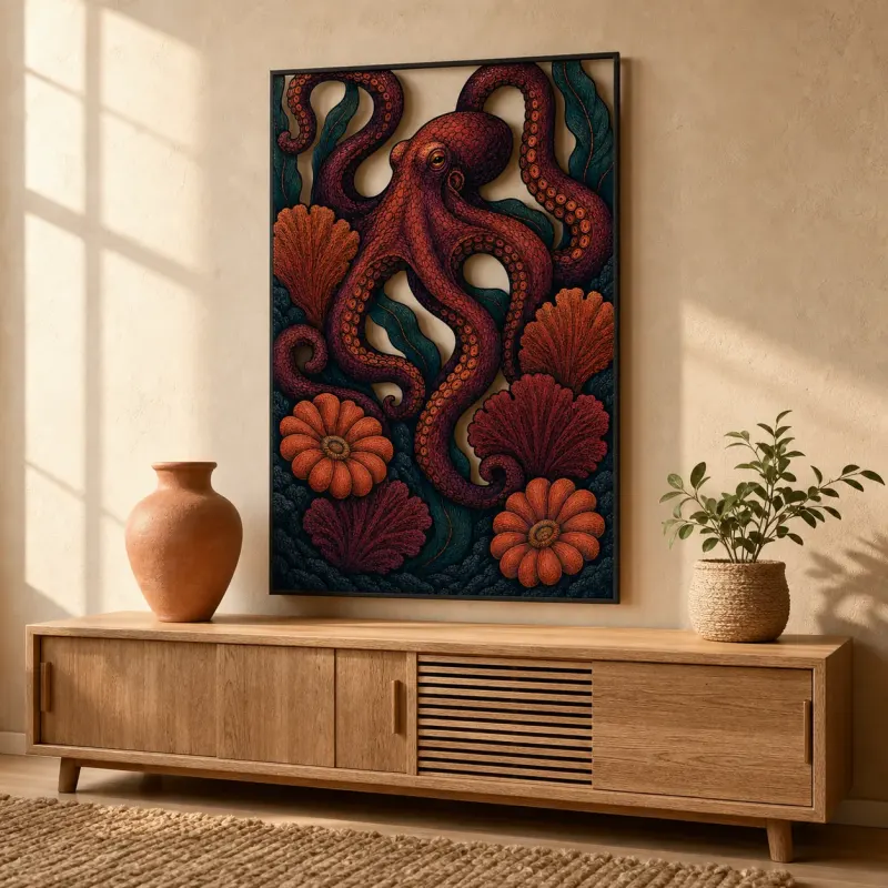 Red Octopus with Coral and Botanical Flowers Colorful Metal Wall Art