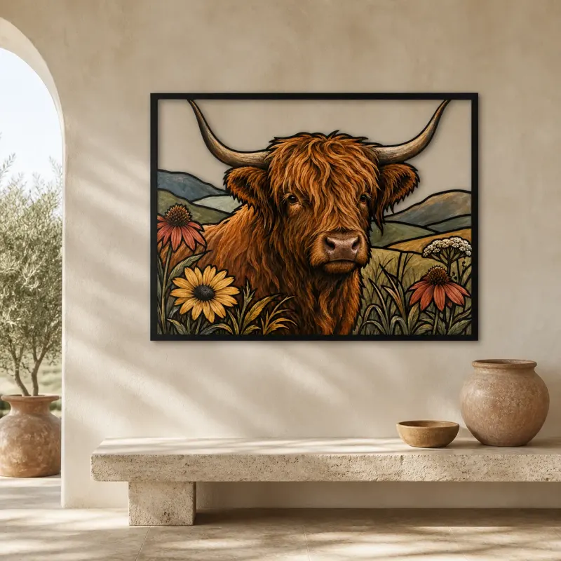 Highland Cow with Colorful Meadow Flowers Metal Wall Art