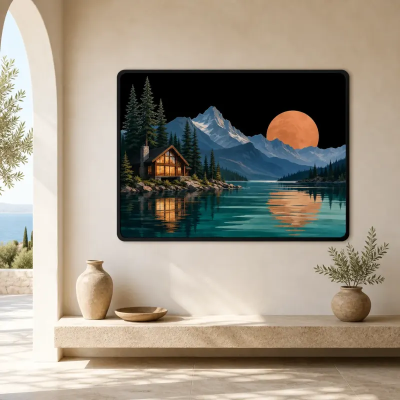 Mountain Lake Cabin beneath Copper Sunset Colorful Metal Wall Art
