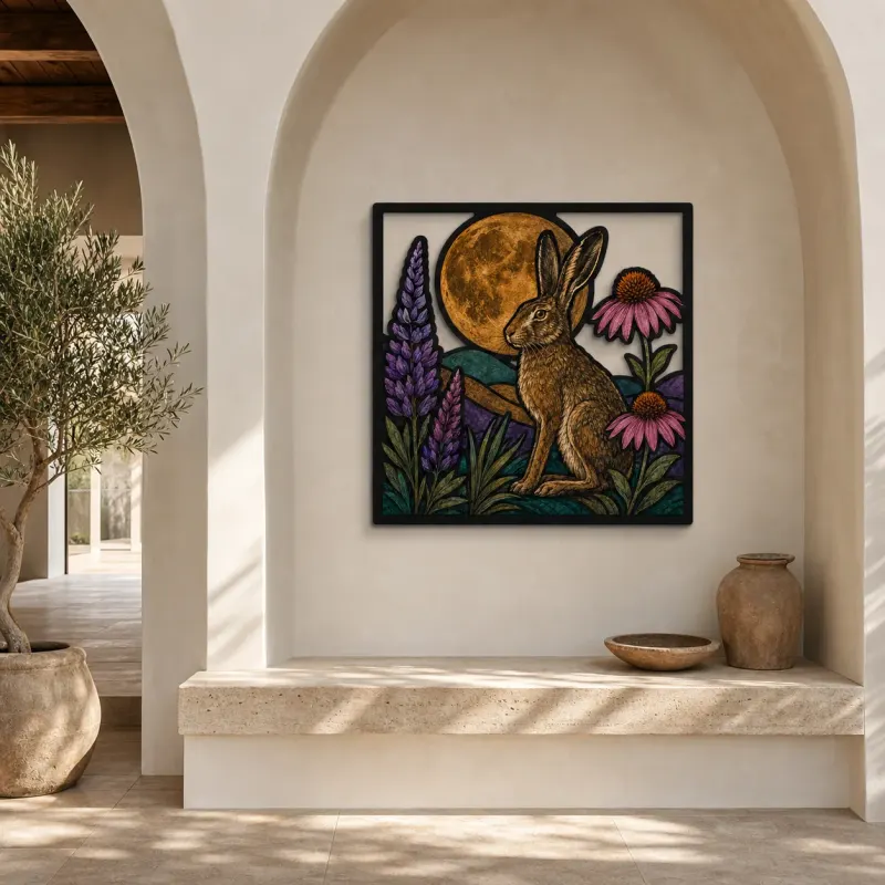 Rabbit with Coneflowers beneath Full Moon Colorful Metal Wall Art