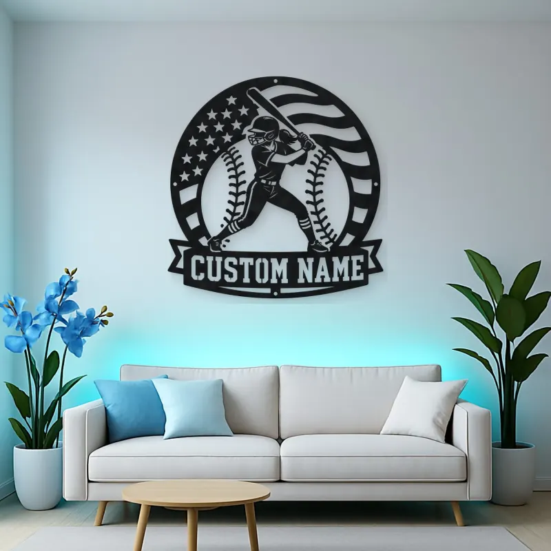 Personalized Female Softball Batter Round Flag Metal Wall Art