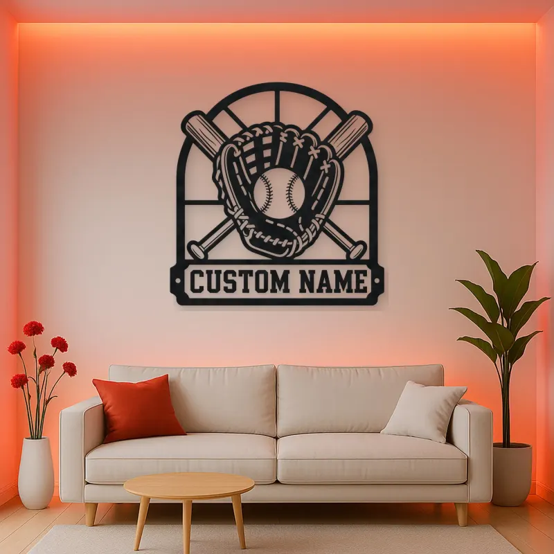 Personalized Baseball Glove Ball and Crossed Bats Metal Wall Art