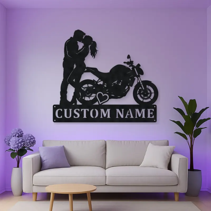 Personalized Kissing Couple Motorcycle Metal Wall Art with Heart
