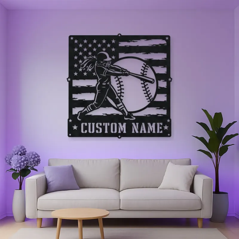 Personalized Softball Batter Distressed American Flag Metal Wall Art