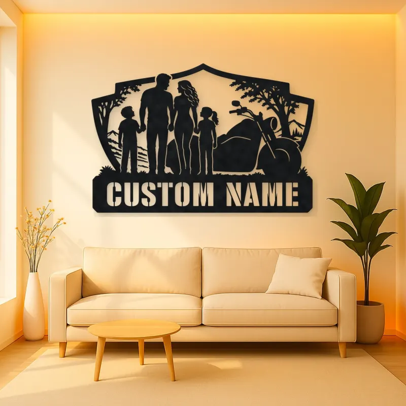 Personalized Family of Four Motorcycle Landscape Metal Wall Art