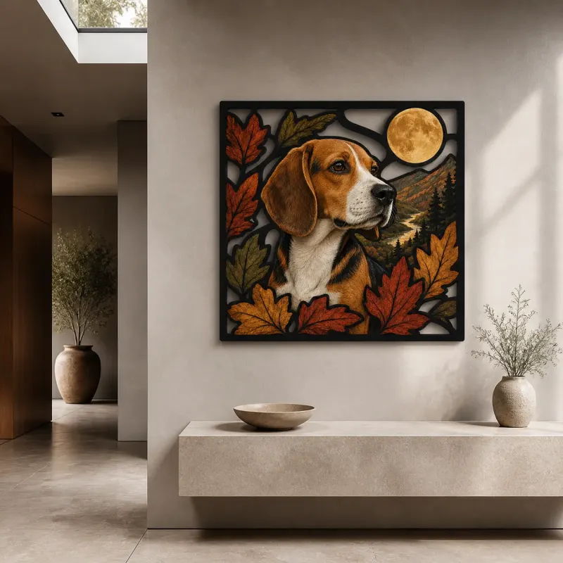 Beagle with Autumn Leaves and Full Moon Colorful Metal Wall Art