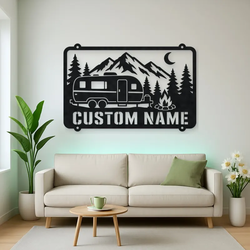 Personalized Camper Trailer Metal Wall Art with Mountain Camp