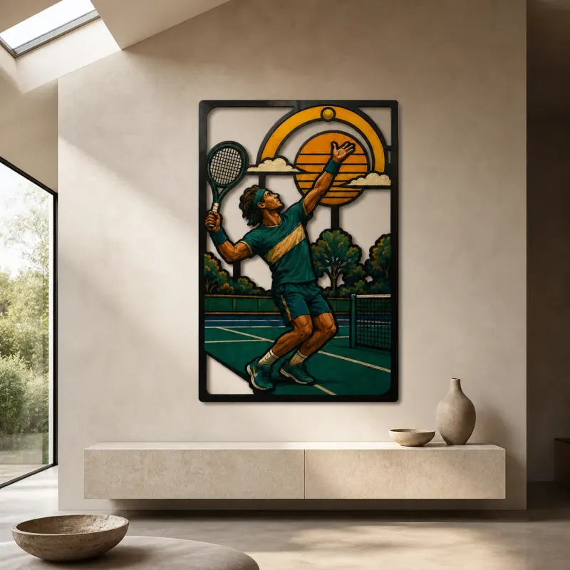 Tennis Player Serving on Outdoor Court Colorful Metal Wall Art