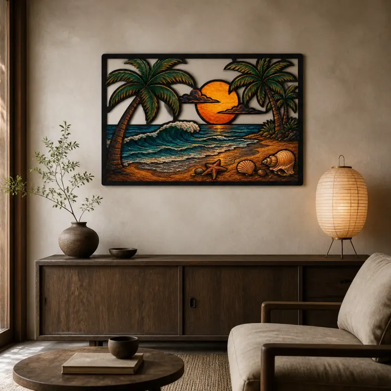 Tropical Beach with Palm Trees at Sunset Colorful Metal Wall Art