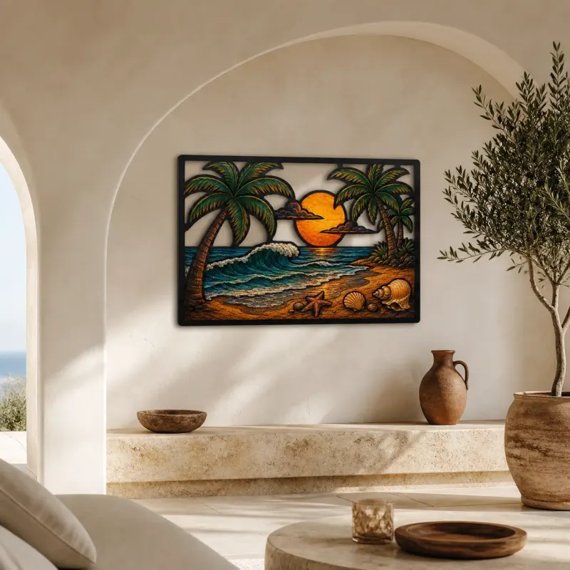 Tropical Beach with Palm Trees at Sunset Colorful Metal Wall Art