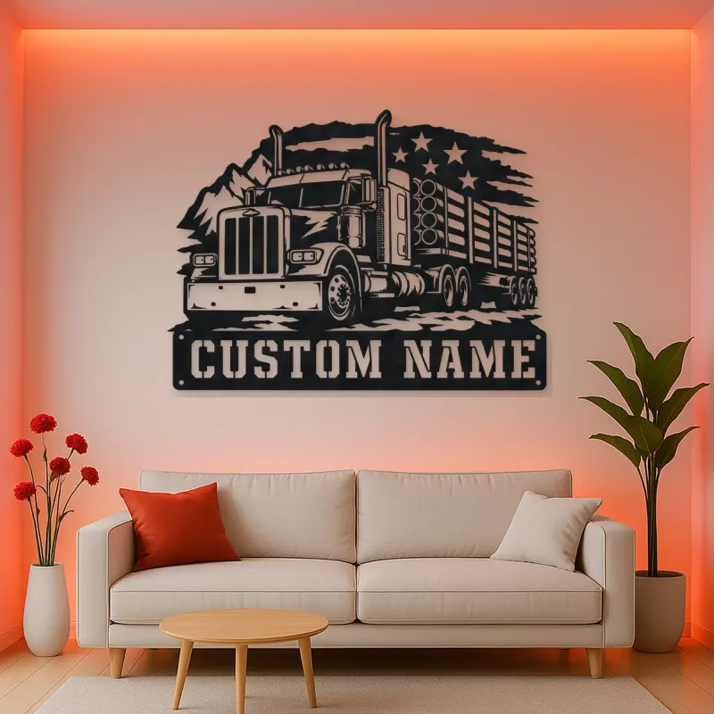 Personalized Logging Semi Truck Patriotic Mountain Metal Wall Art