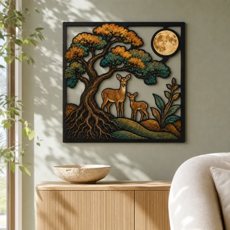 Tree of Life with Deer Family and Full Moon Colorful Metal Wall Art
