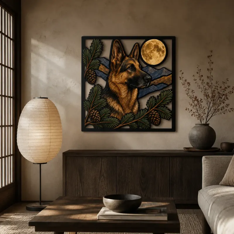 German Shepherd with Pine Cones and Full Moon Colorful Metal Wall Art