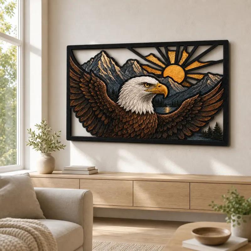 Bald Eagle Flying over Mountains at Sunrise Colorful Metal Wall Art