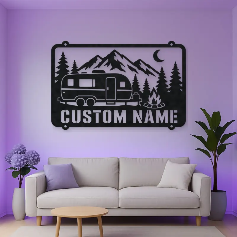Personalized Camper Trailer Metal Wall Art with Mountain Camp