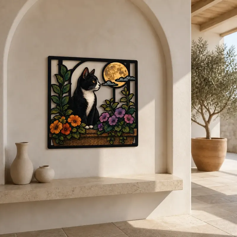 Tuxedo Cat in Flower Window beneath Full Moon Colorful Metal Wall Art