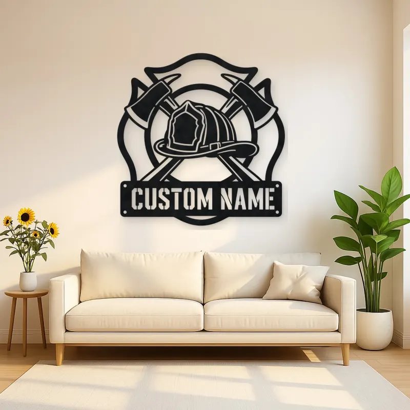 Personalized Firefighter Helmet Metal Wall Art with Crossed Axes