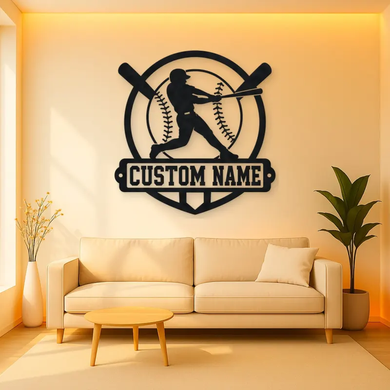 Personalized Baseball Batter Crossed Bats Metal Wall Art