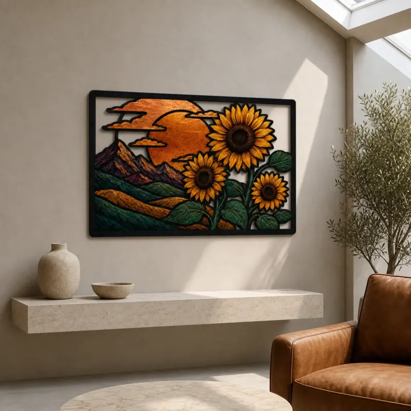 Sunflowers with Mountain Landscape at Sunset Colorful Metal Wall Art