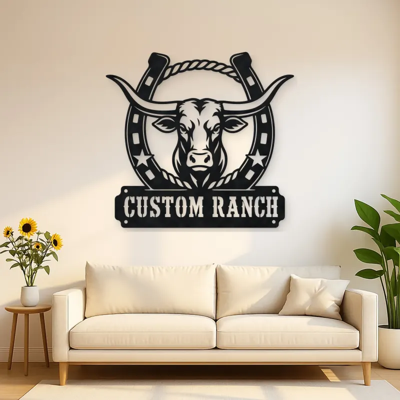 Personalized Longhorn Ranch Metal Wall Art with Horseshoe Frame