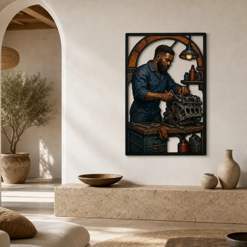 Auto Mechanic Rebuilding Engine in Workshop Colorful Metal Wall Art