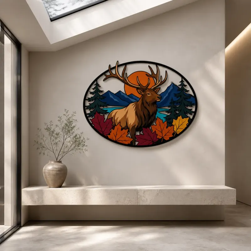 Bull Elk in Autumn Mountains and Pine Forest Colorful Metal Wall Art