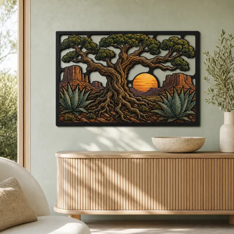 Desert Oak Tree of Life with Agave Sunset Colorful Metal Wall Art