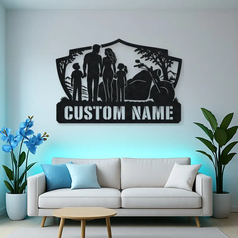 Personalized Family of Four Motorcycle Landscape Metal Wall Art