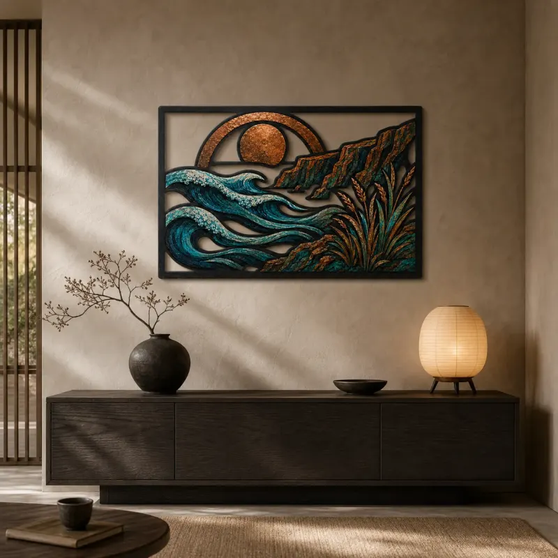 Mid Century Ocean Waves beneath Abstract Sun Colorful Metal Wall Art