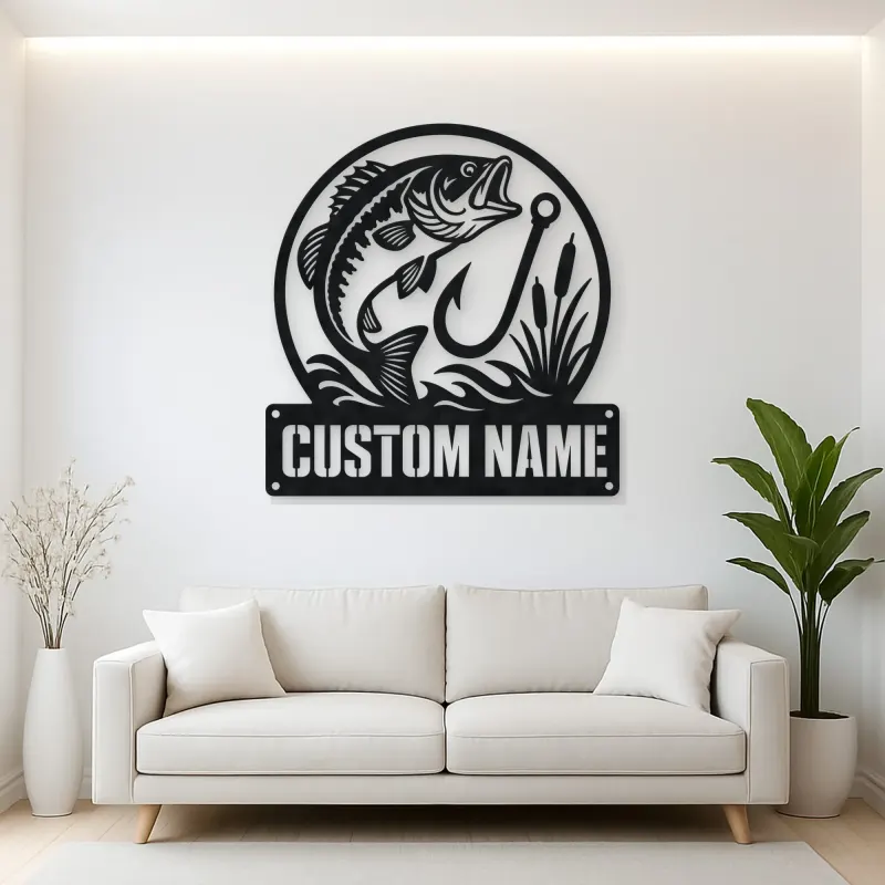 Personalized Largemouth Bass Fishing Metal Wall Art with Hook