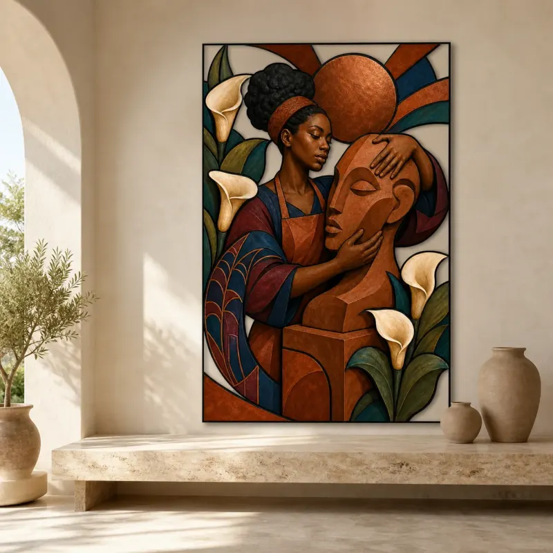 Black Woman Sculptor with Statue and Calla Lilies Colorful Metal Wall Art