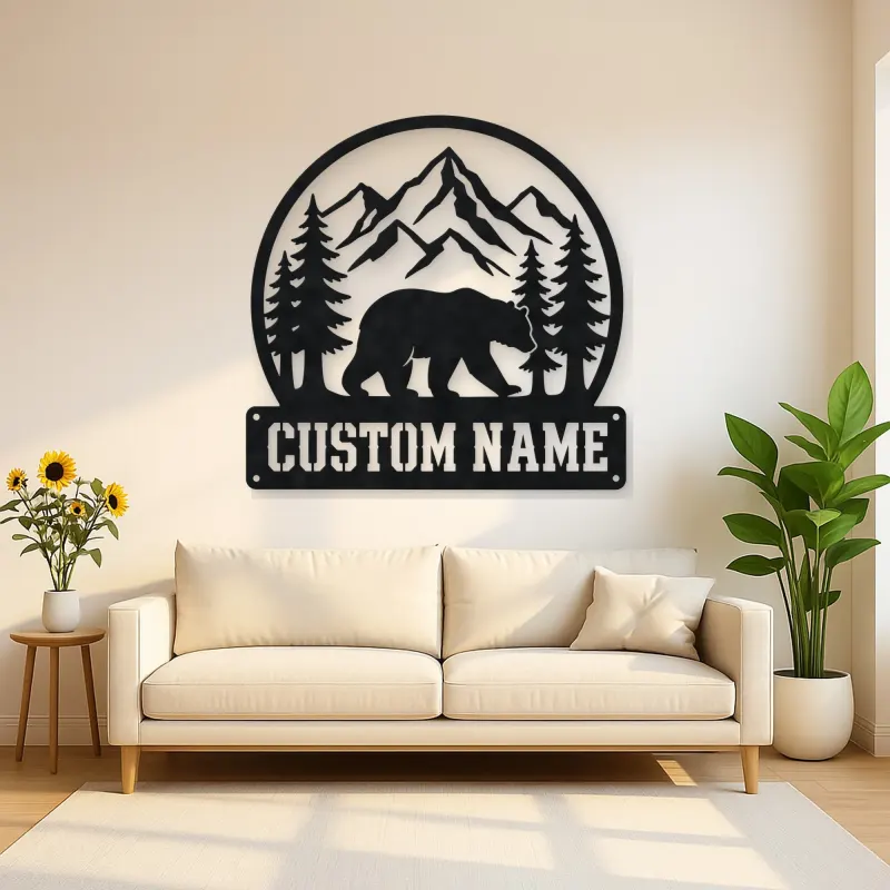 Personalized Bear and Pine Forest Metal Wall Art