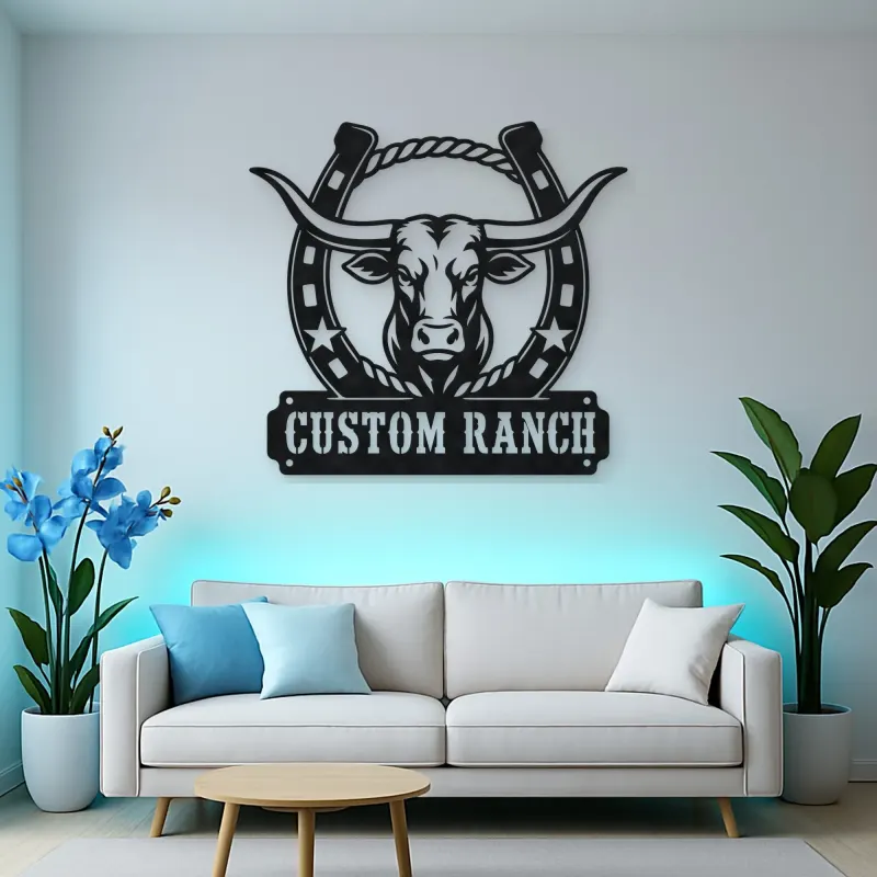 Personalized Longhorn Ranch Metal Wall Art with Horseshoe Frame