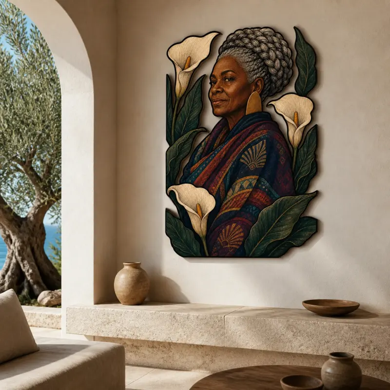 Elderly Black Woman with White Calla Lilies Colorful Metal Wall Art