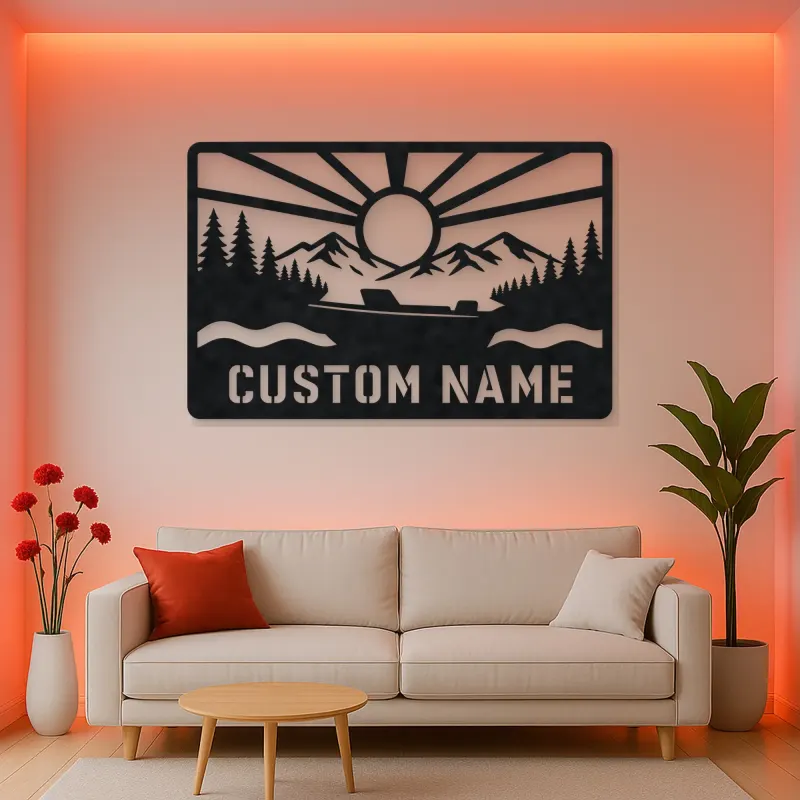 Personalized Speedboat Metal Wall Art with Mountain Lake