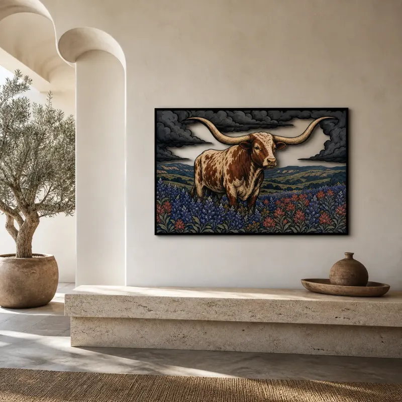 Texas Longhorn in Bluebonnet Field beneath Storm Clouds Colorful Metal Wall Art
