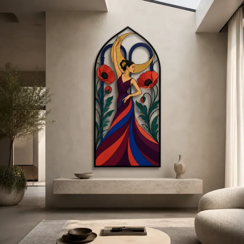 Flamenco Woman with Poppies and Crescent Moon Colorful Metal Wall Art